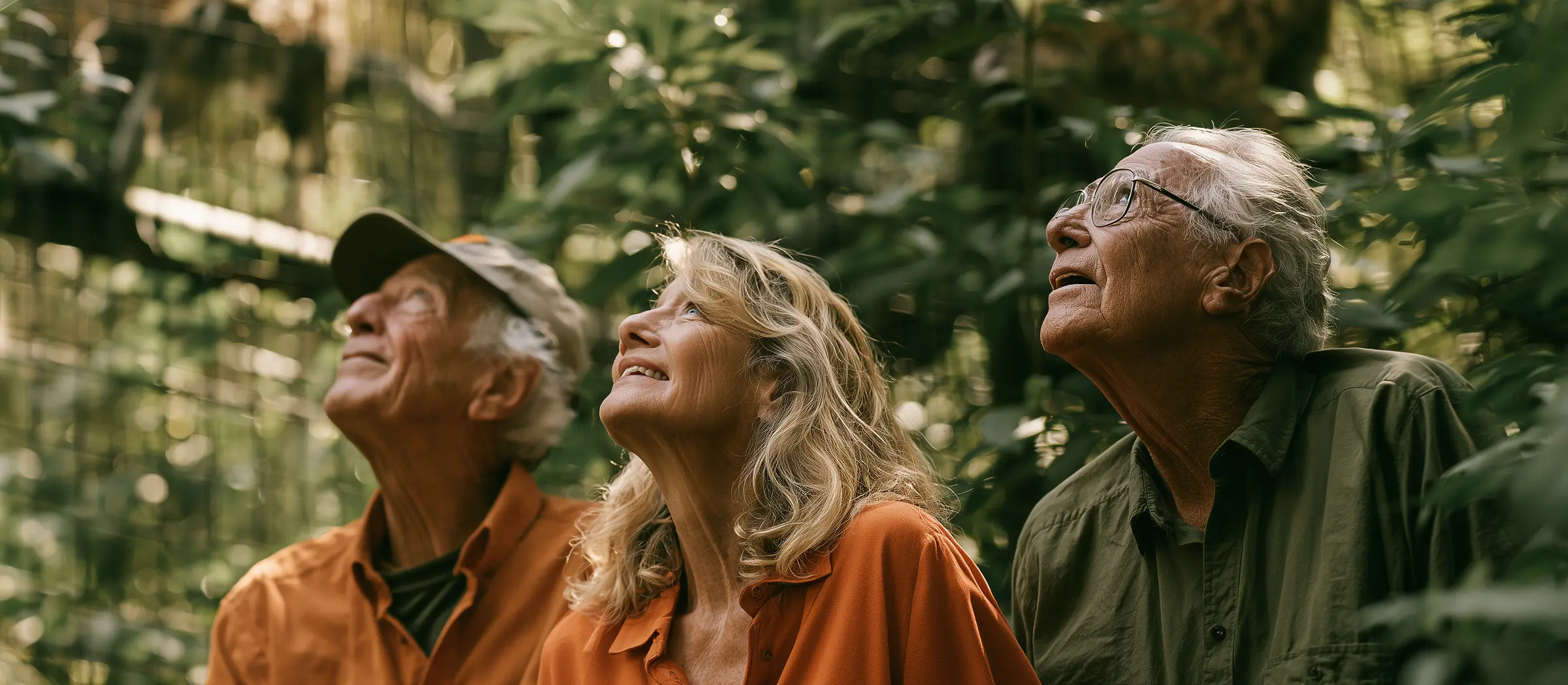 Trois visiteurs seniors, souriants, lèvent les yeux vers la cime des arbres le long d’un enclos du Parc Animalier d’Auvergne.