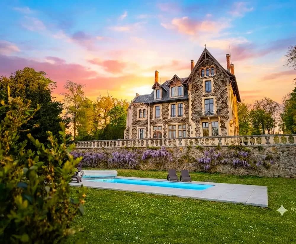 Le Manoir des Rêves Sauvages au coucher du soleil : une grande demeure de pierre, sa terrasse fleurie de glycines et sa piscine dans le parc.